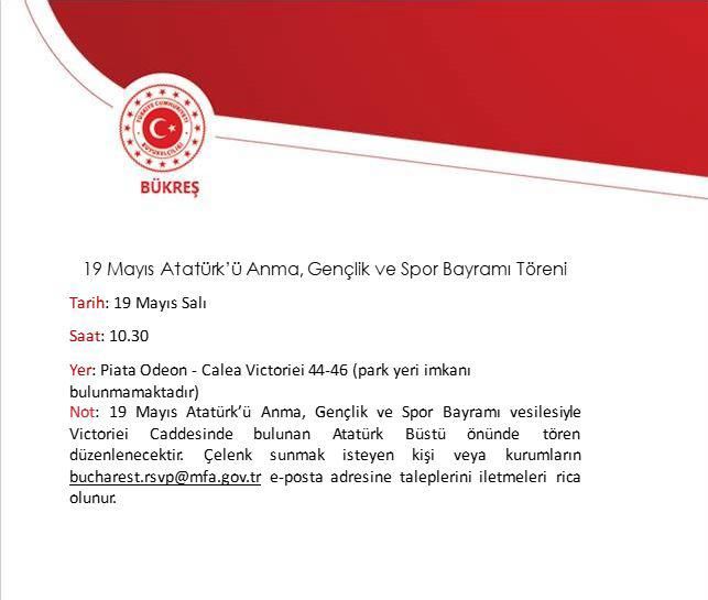 Bükreş'te 19 Mayıs kutlama duyurusu